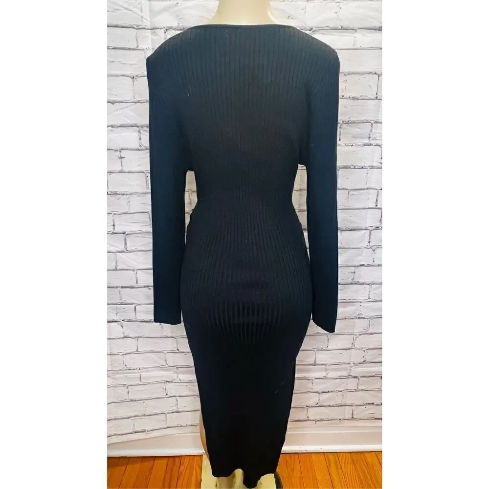 Good American Womens Black Ribbed Tie Waist Long Sleeve Sweater Dress Sz 4 NWOT